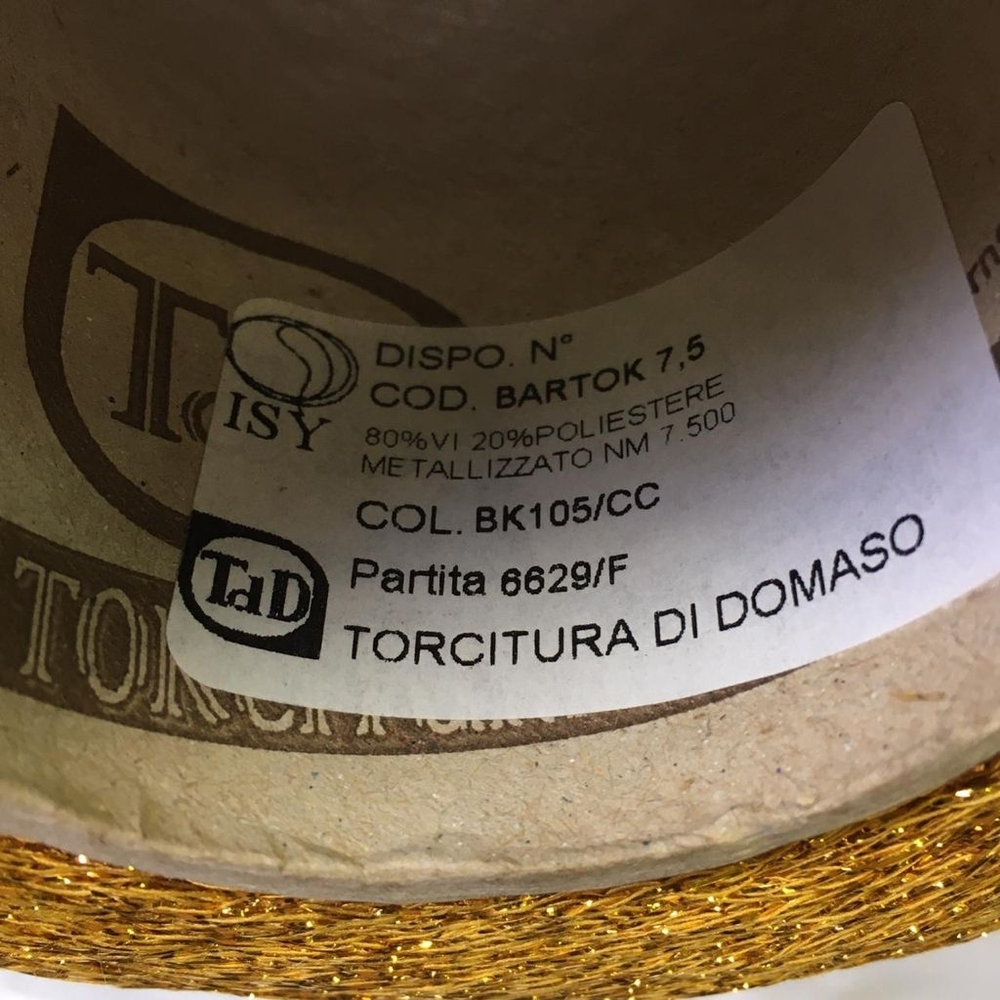 BARTOK - Torcitura di Domaso; 80% вискоза, 20%люрекс;  шнурок; 750м/100гр; col. BK105/CC,  цвет: жёлтый темный с люрексом в цвет; S714
