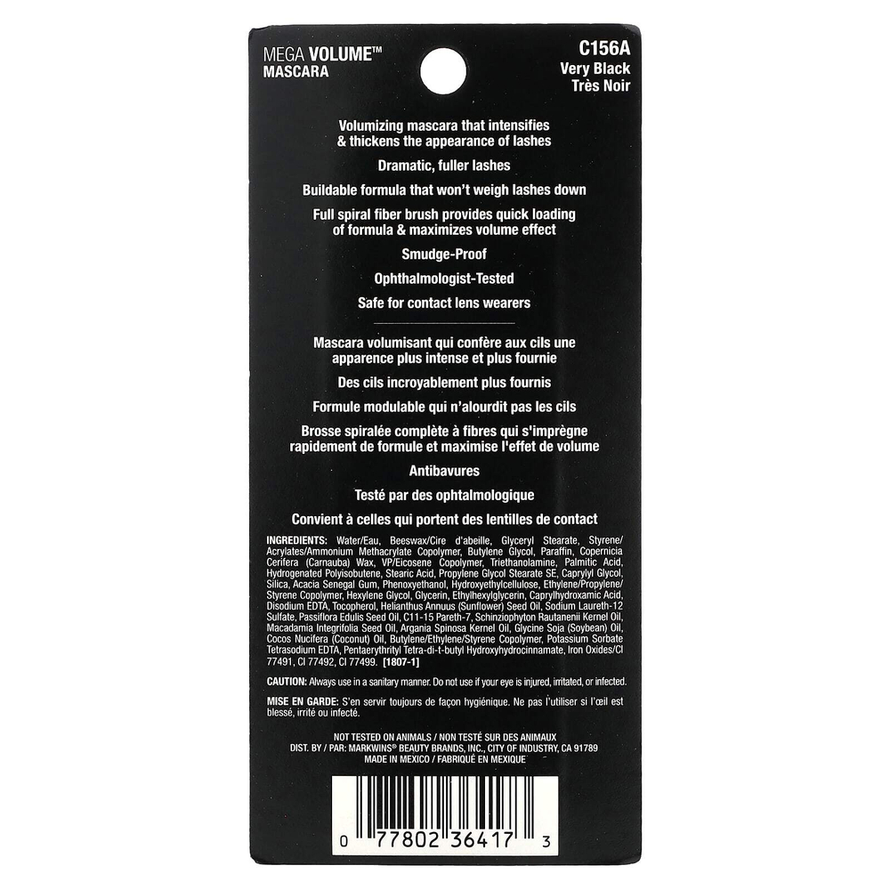 wet n wild, тушь для ресниц Mega Volume, C156A, насыщенный черный, 6 мл (0,21 жидк. унции)