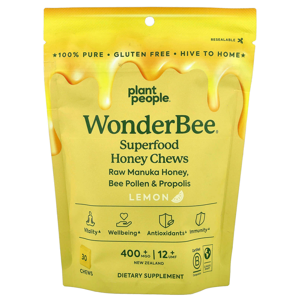 Plant People, WonderBee®, жевательные таблетки с медом из суперпродуктов, лимон, MGO 400+, 30 жевательных таблеток