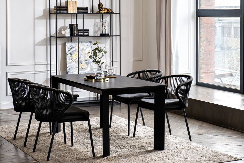 "Венето" обеденная группа на 4 персоны со стульями "Милан", каркас темно-серый, роуп темно-серый