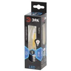 Лампочка светодиодная ЭРА F-LED B35-5W-840-E27 Е27 / Е27 5Вт филамент свеча нейтральный белый свет | Филаментные декоративные