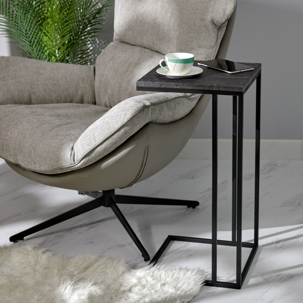 Придиванный столик Loft 35x35см, серый мрамор, чёрные ножки