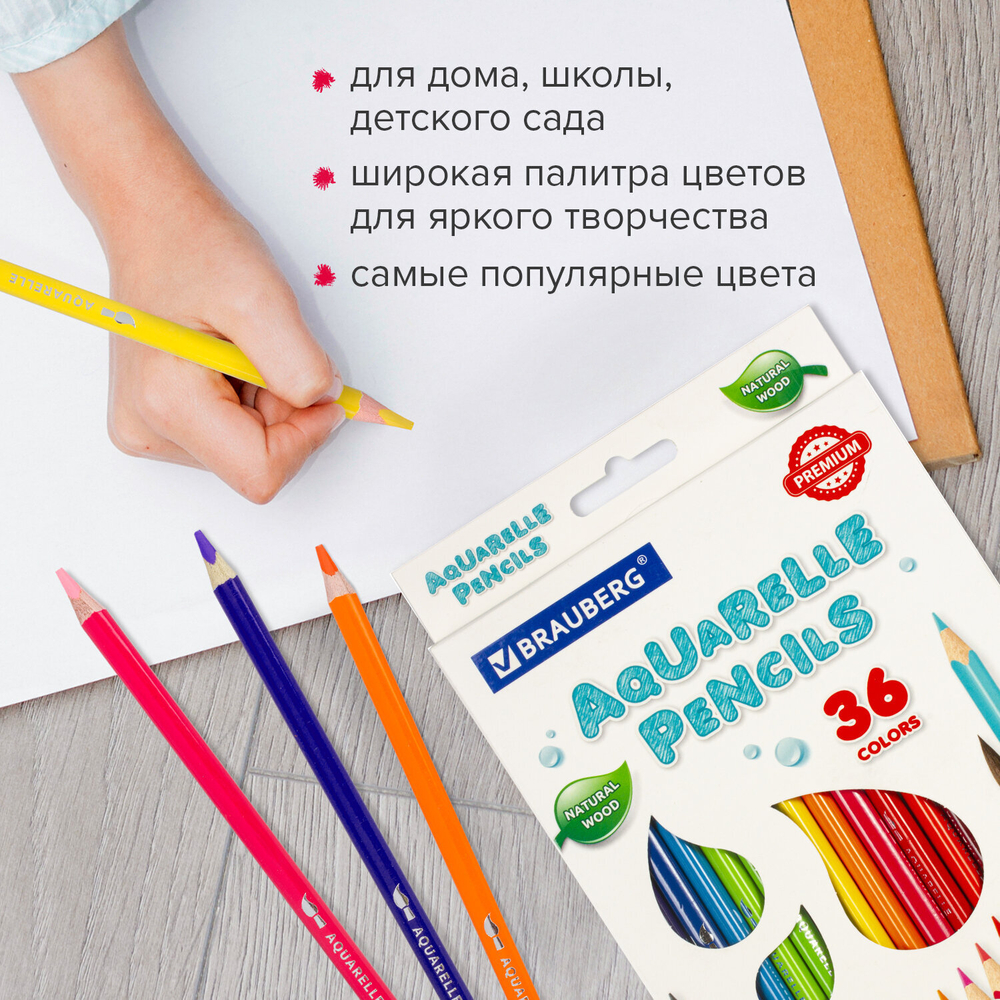 Карандаши цветные акварельные BRAUBERG PREMIUM AQUARELLE, 36 цветов, грифель 4 мм, 181674