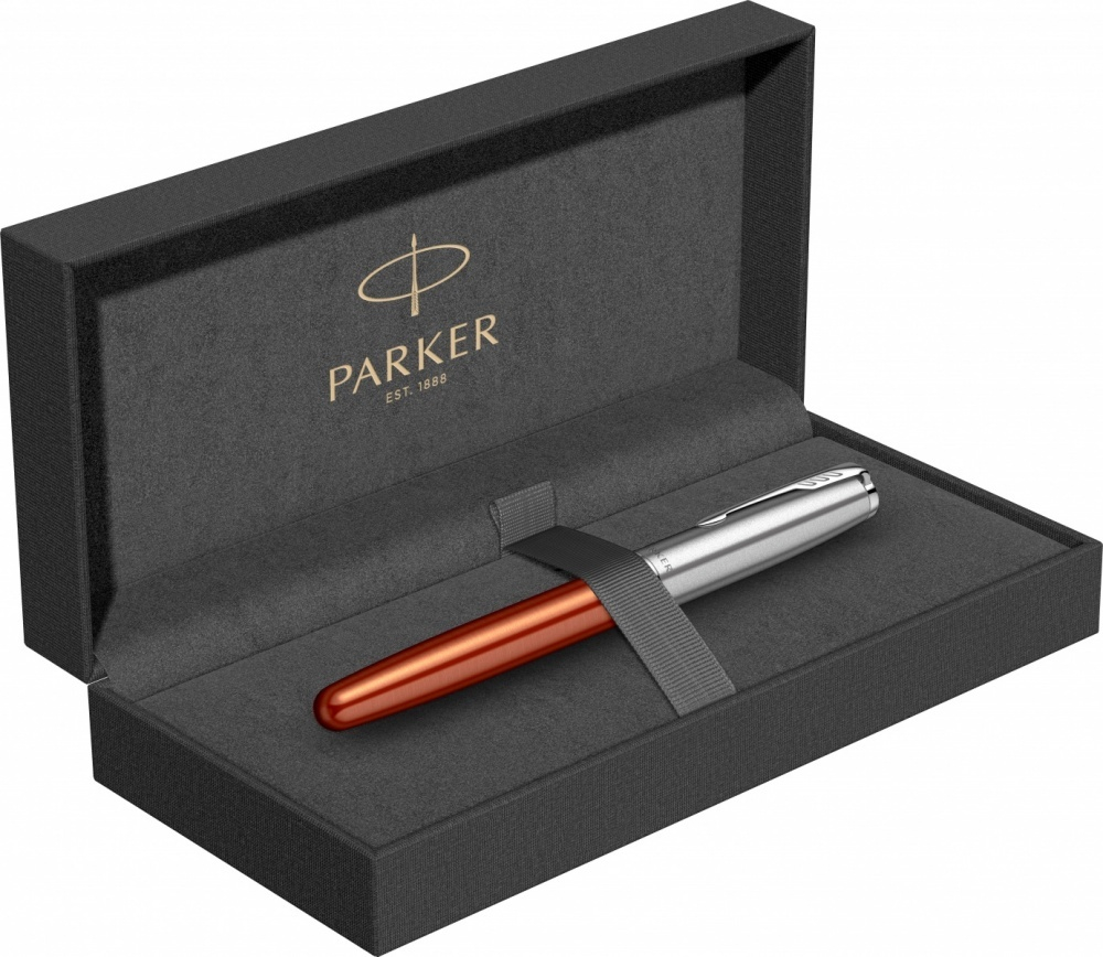 Ручка-роллер Parker Sonnet Essentials Orange SB Steel CT 2169230, цвет чернил black,перо: F, в подарочной упаковке.