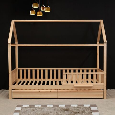 Кровать односпальная 90х200 домик Авила из массива березы с настилом и бортиками, в лаке