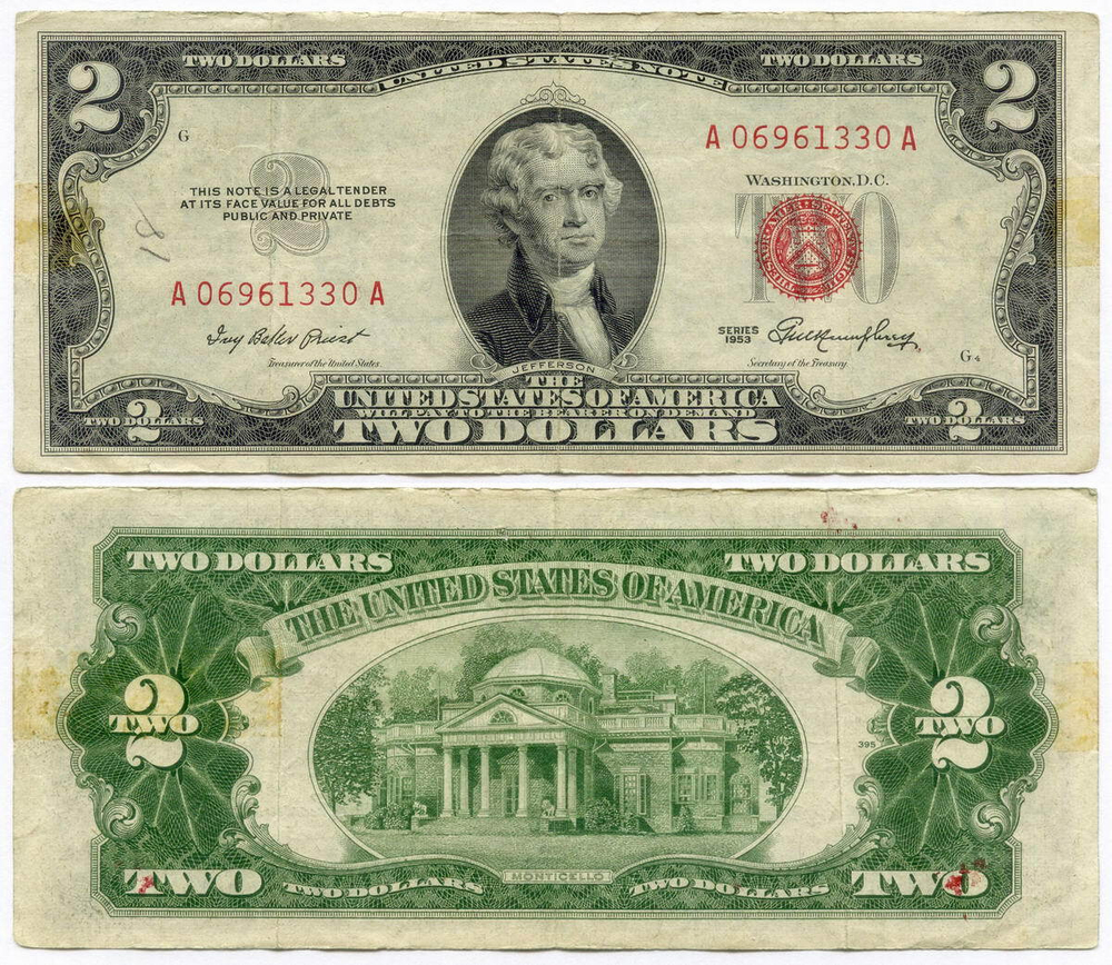 Банкнота США 2 доллара 1953 A 06961330 A. F-VF (надпись карандашом)