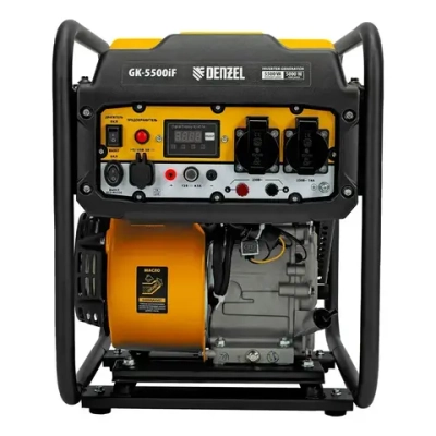 Генератор инверторный DENZEL GK-5500iF, 5.5 кВт и 236 см3 объем двигателя, 7 л объем топливного бака, ручной старт, 2 розетки и выход USB 5В, клеммы постоянного и переменного тока, 94709