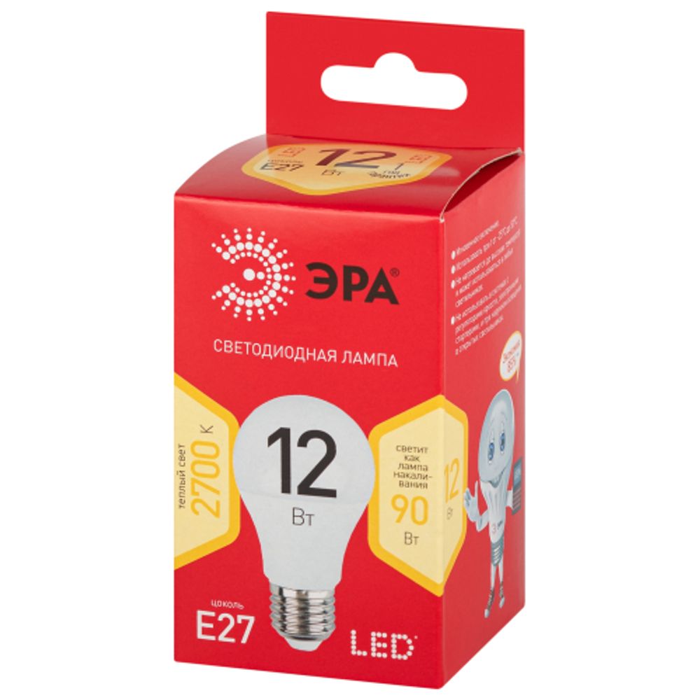 Лампа светодиодная ЭРА RED LINE LED A60-12W-827-E27 R 12Вт груша теплый белый свет Е27 | Лампы cветодиодные Груша (A)