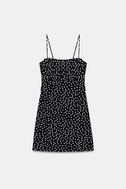 ZARA МИНИ-ПЛАТЬЕ В ГОРОШЕК, ЧЕРНЫЙ/БЕЛЫЙ