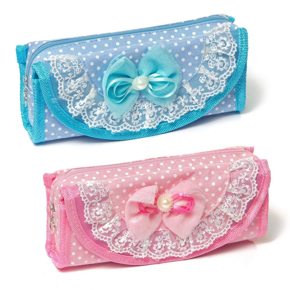 Пенал - косметичка Alingar, ткань, молния, бант, боковой карман, 90 х 200 мм, "Beautiful lace", ассорти (розовый, голубой), бантик с кружевом