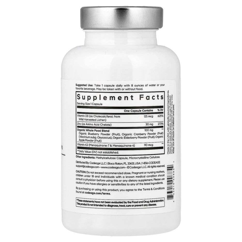 Codeage, Amen, витамины D, K2 и цинк, 60 растительных капсул