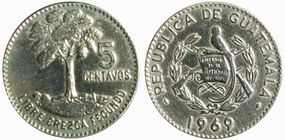 Гватемала 5 сентаво, 1965 - 1970 Герб XF