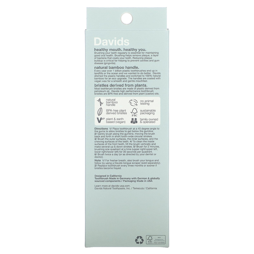 Davids, премиальный бамбуковый зубная щетка, мягкая, для взрослых, 3 шт.