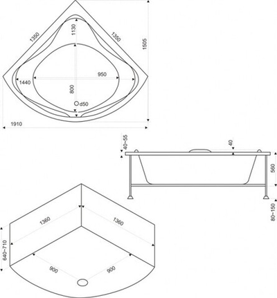 Ванна акриловая BAS Риола 1350х1350 с гидромассажем и каркасом