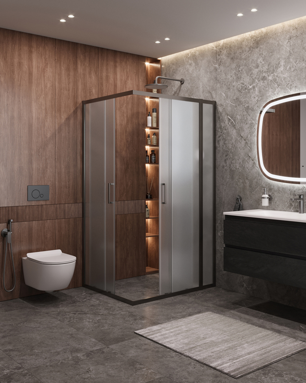 Душевой уголок Cezares MOLVENO-AH-21-90+20-P-GM, 110х90х195, профиль оружейная сталь, стекло Punto матовое