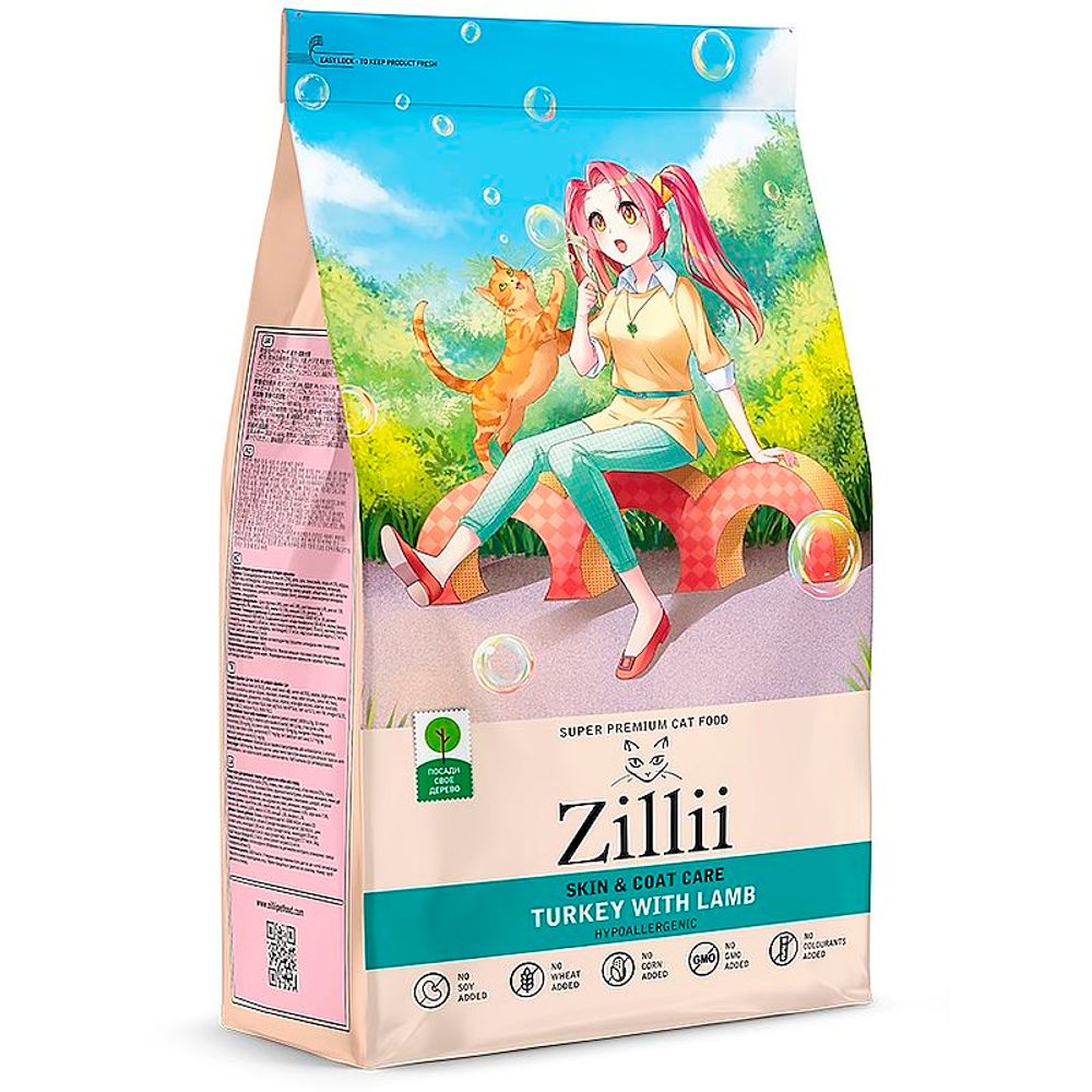 Сухой корм для кошек ZILLII Skin &amp; Coat Care с индейкой и ягненком для здоровья кожи и шерсти 400 г