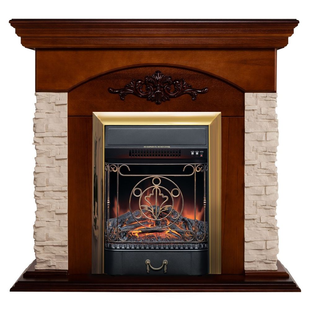 Электрокамин RealFlame Neapolis NT орех с очагом Majestic Lux Brass