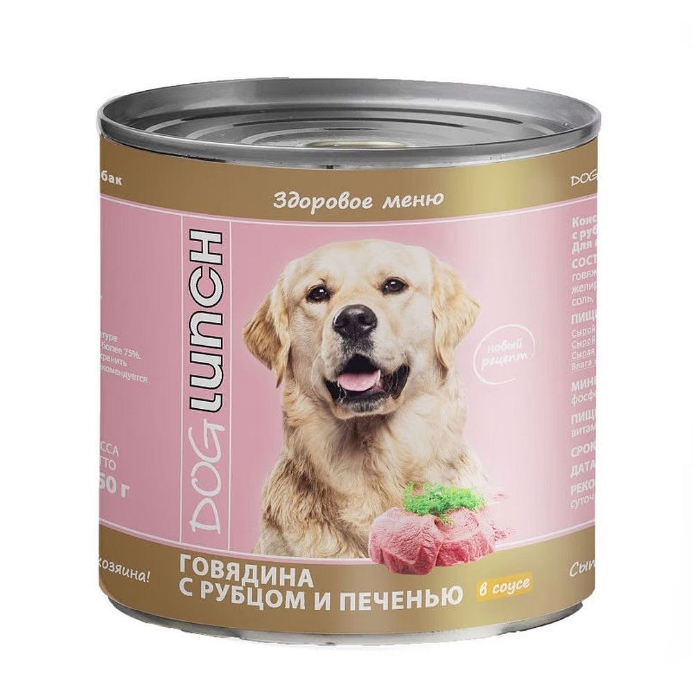 Влажный корм DOG LUNCH для собак с говядиной, рубцом и печенью в соусе, банка 750г Влажный корм DOG LUNCH для собак с говядиной, рубцом и печенью в соусе, банка 750г