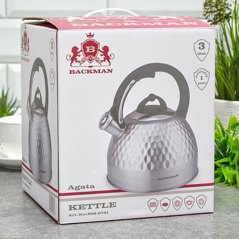 Чайник 3л нерж со свистком "Backman", индукция, BM-0721