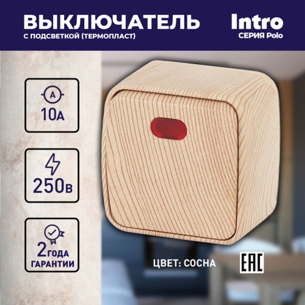 3-102-11 Intro Выключатель с подсветкой, 10А-250В, IP20, ОУ, Polo, сосна