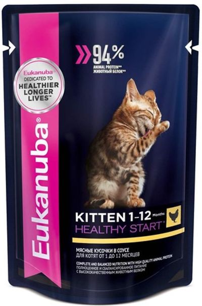 Влажный корм для котят Eukanuba Kitten Healthy start с курицей в соусе, Пауч 85 г