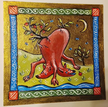 Картина "Двуглавое животное с яблоками". Золотой акрил на картоне. Авторская работа, оригинал. Серия: фантастические вымышленные животные