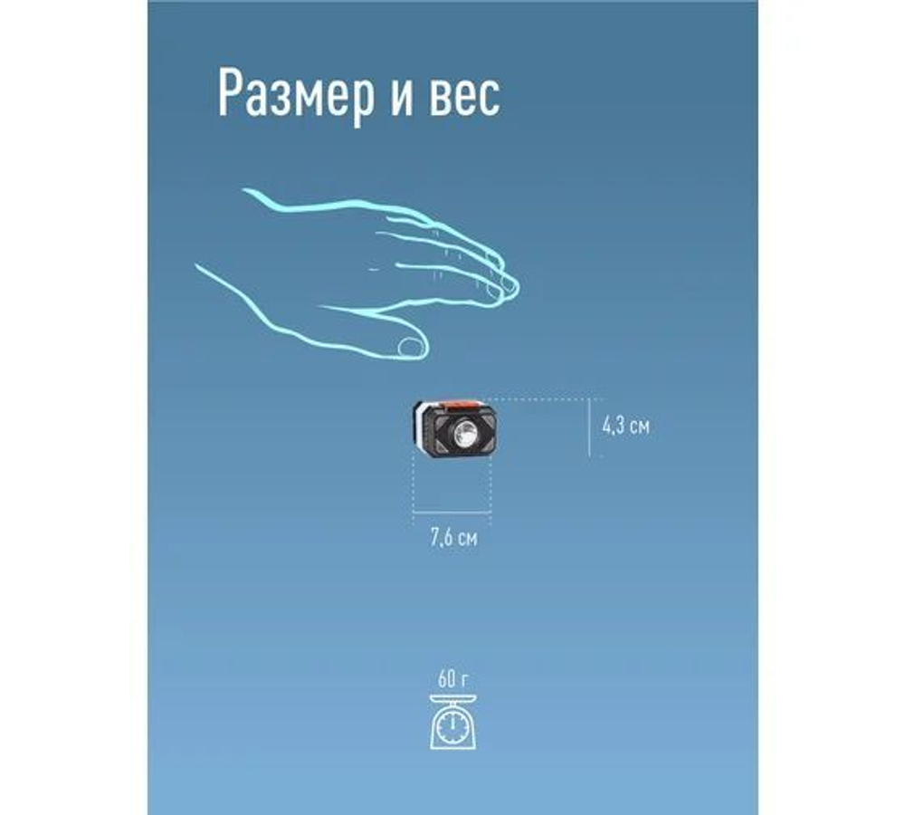 Фонарь налобный аккум/2Вт+2ВтSMD тепл широк свет/Li-ion14500 500mAh/ABSпл/USBtypeC