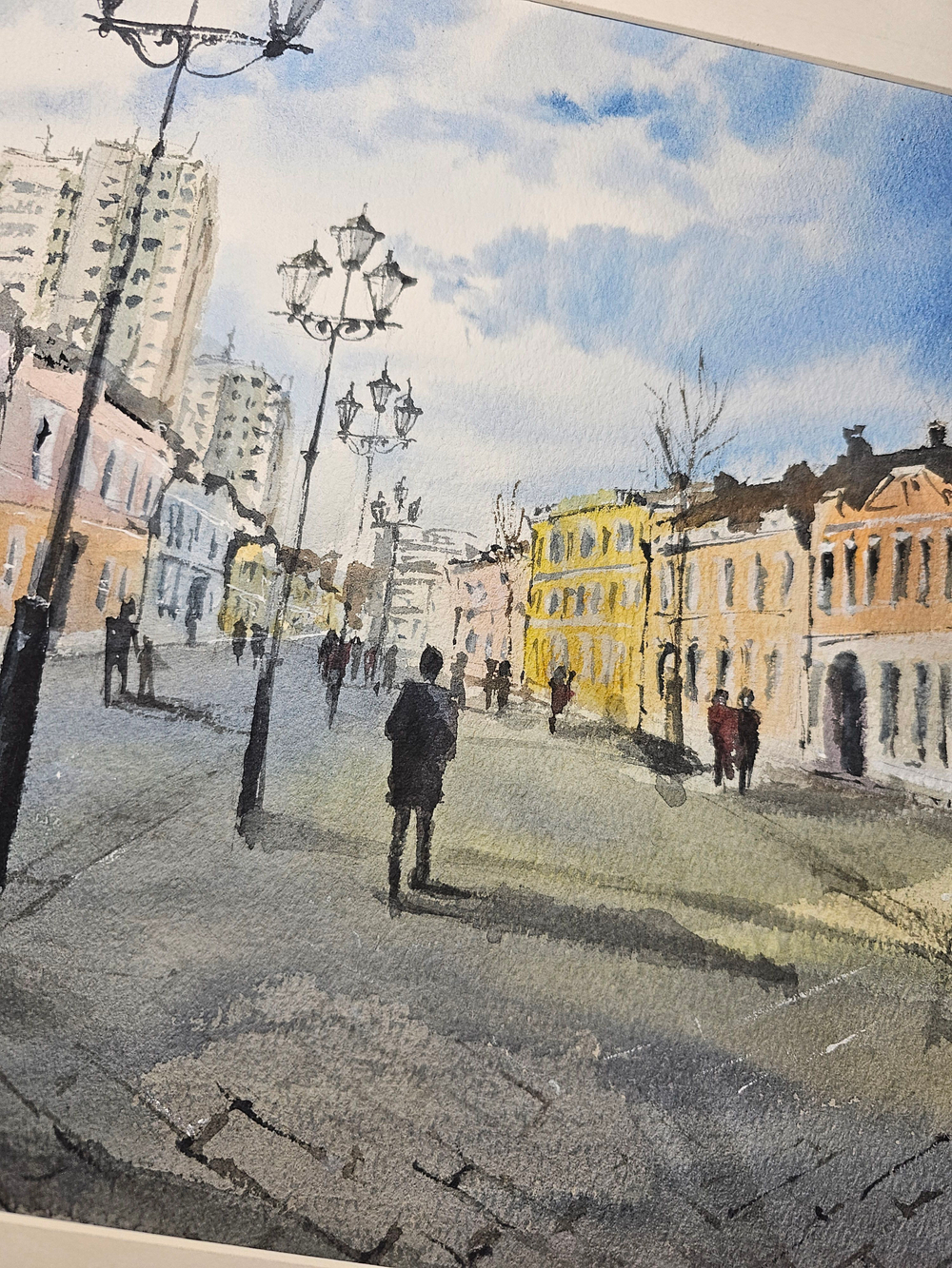 Картина авторская акварельная в паспарту 40х50 см на стену для интерьера "Школьная улица. Москва"