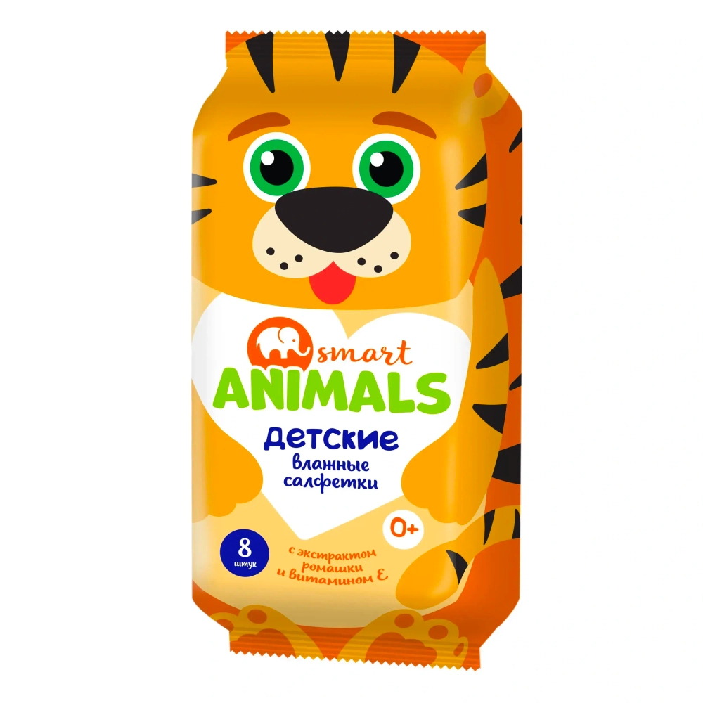 Влажные салфетки Smart animals №8 детские с ромашкой и витамином Е mix