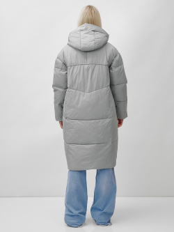 Пальто летучая мышь женское с капюшоном зимнее серого цвета 9616Sr