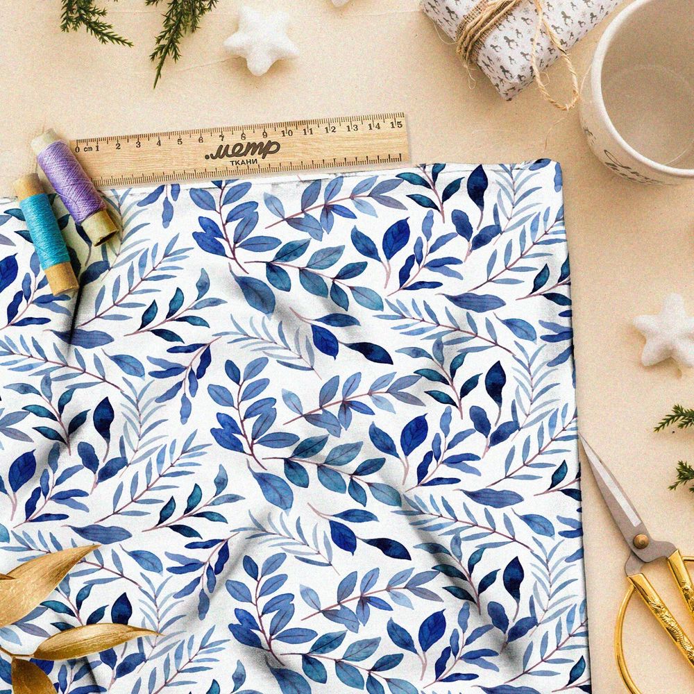 Ткань блэкаут мелкие акварельные листья на белом фоне