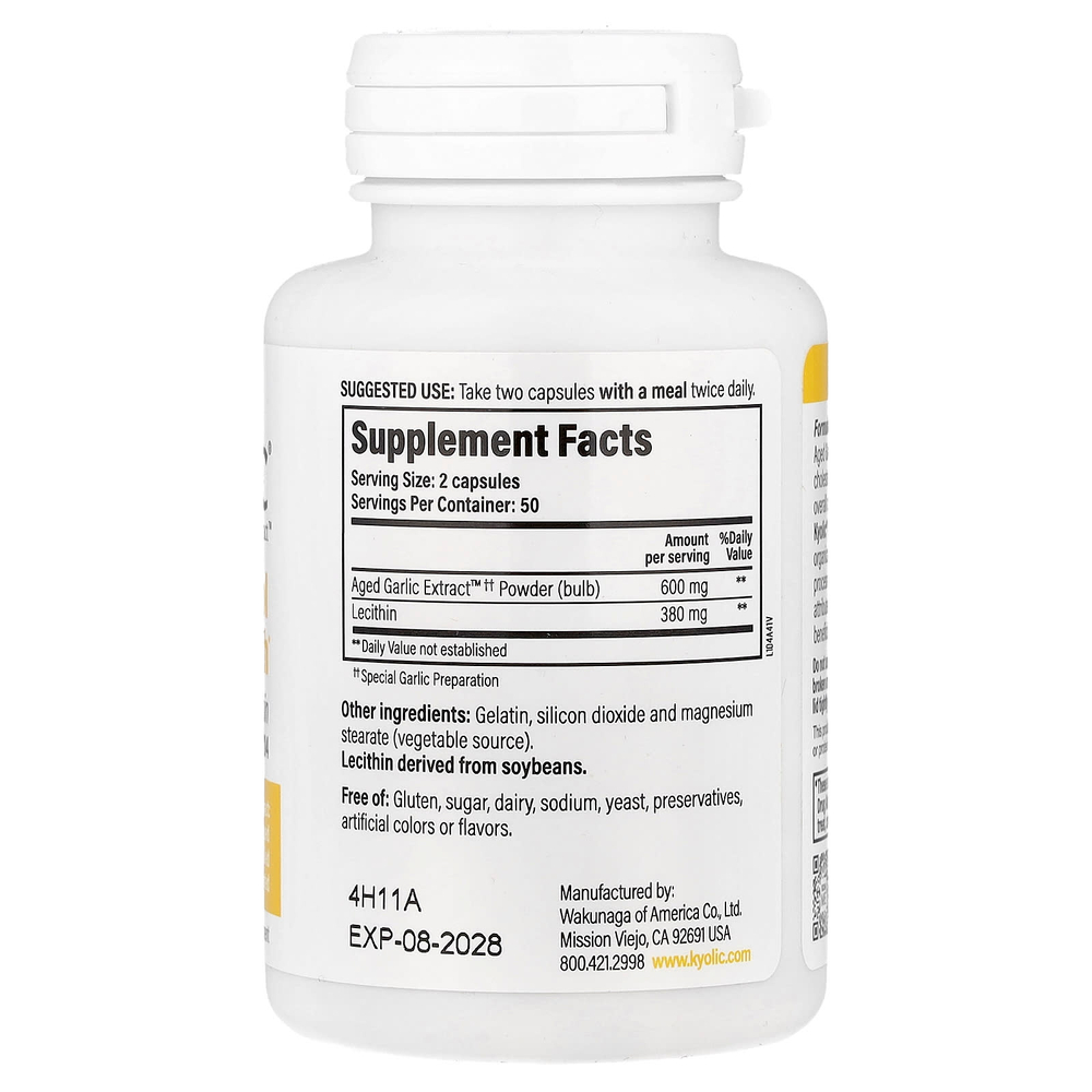 Kyolic, Aged Garlic Extract™, выдержанный экстракт чеснока для здорового уровня холестерина, с лецитином, формула 104, 100 капсул