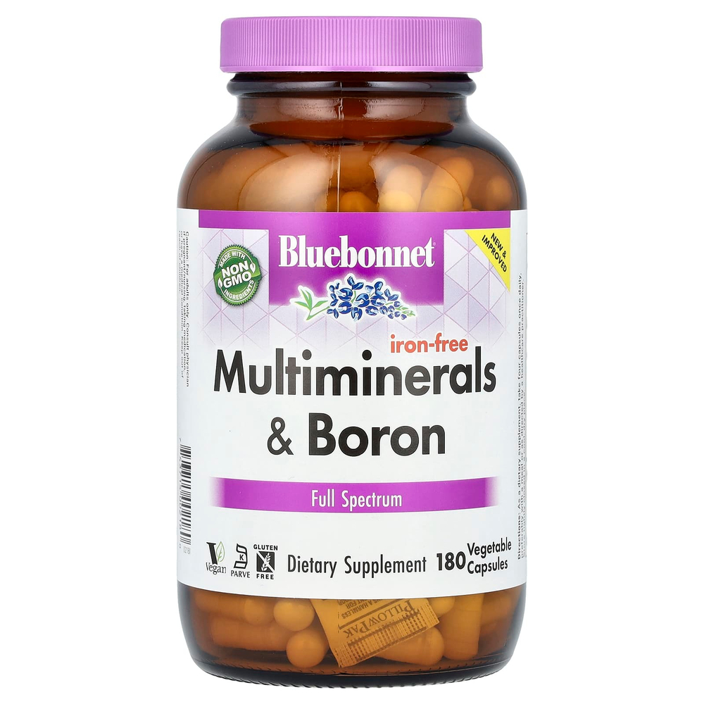 Bluebonnet Nutrition, Мультиминералы с бором, без железа, 180 растительных капсул