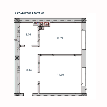 1-комн. квартира, 38,73 м²; 1/3 этаж
