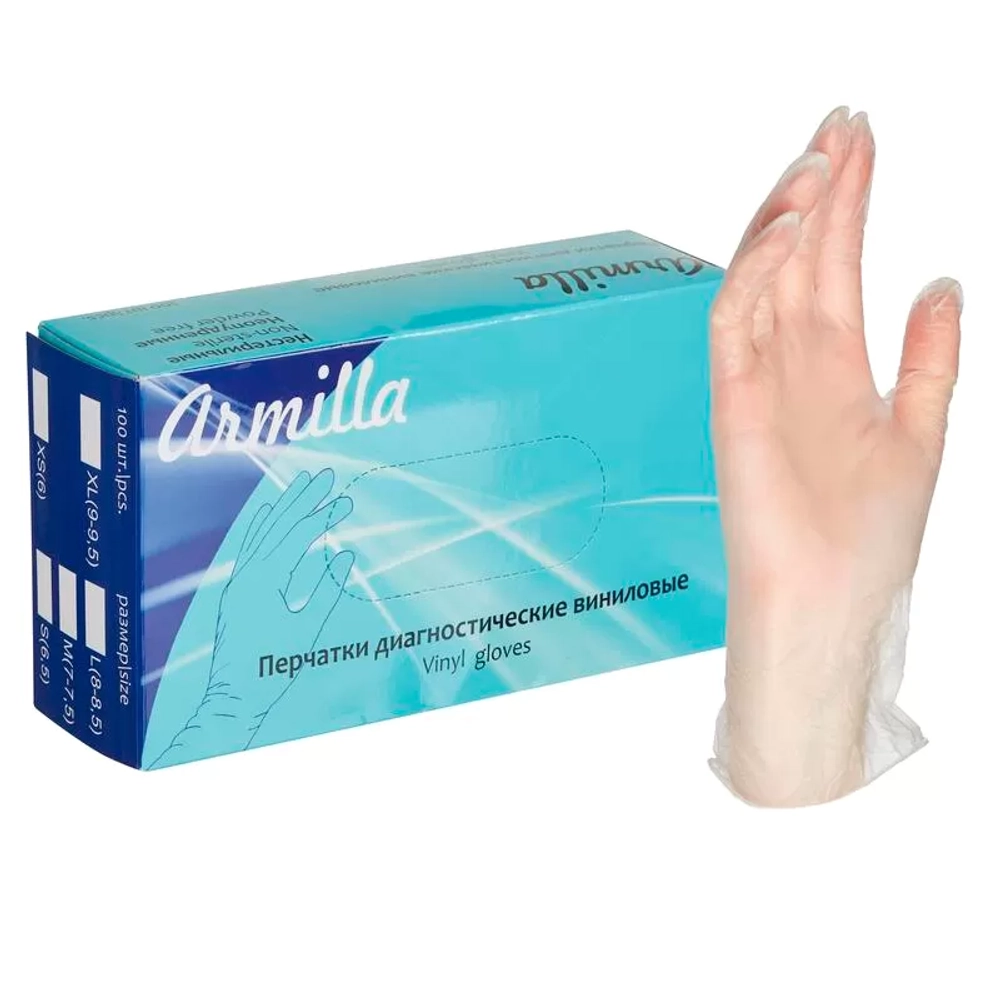 Перчатки виниловые смотровые нестерильные неопудренные прозрачные Armilla размер L 50 пар