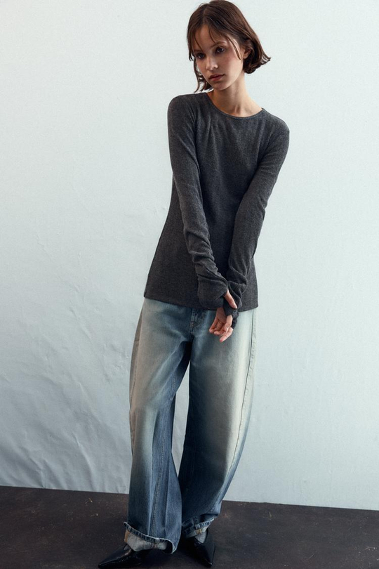 ZARA МЯГКАЯ ФУТБОЛКА В РУБЧИК, СЕРЫЙ МЕЛАНЖ