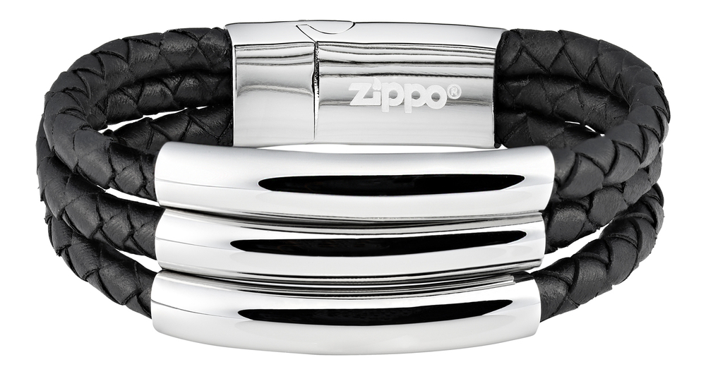 Американский мужской чёрный браслет 3в1 из кожи и стали с магнитным замком Zippo 2006235 в подарочном футляре