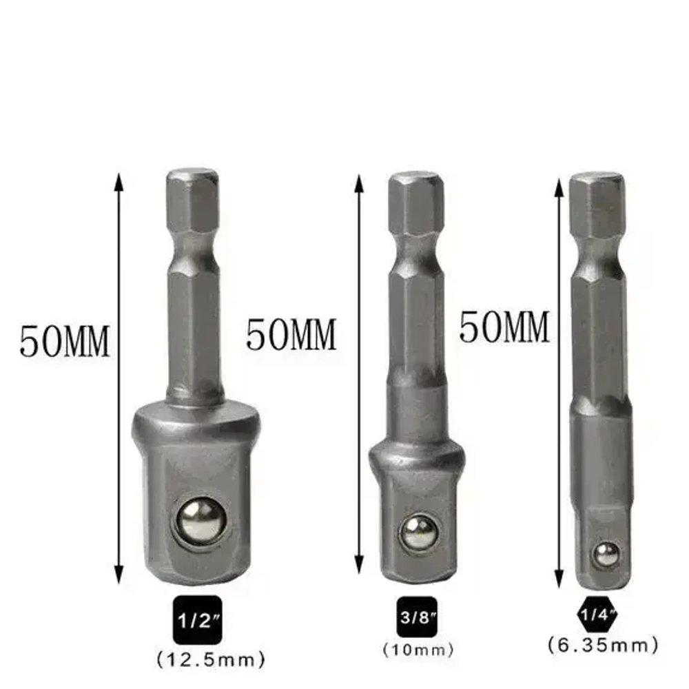Переходники для шуруповерта под торцевые головки 1/4", 3/8", 1/2"