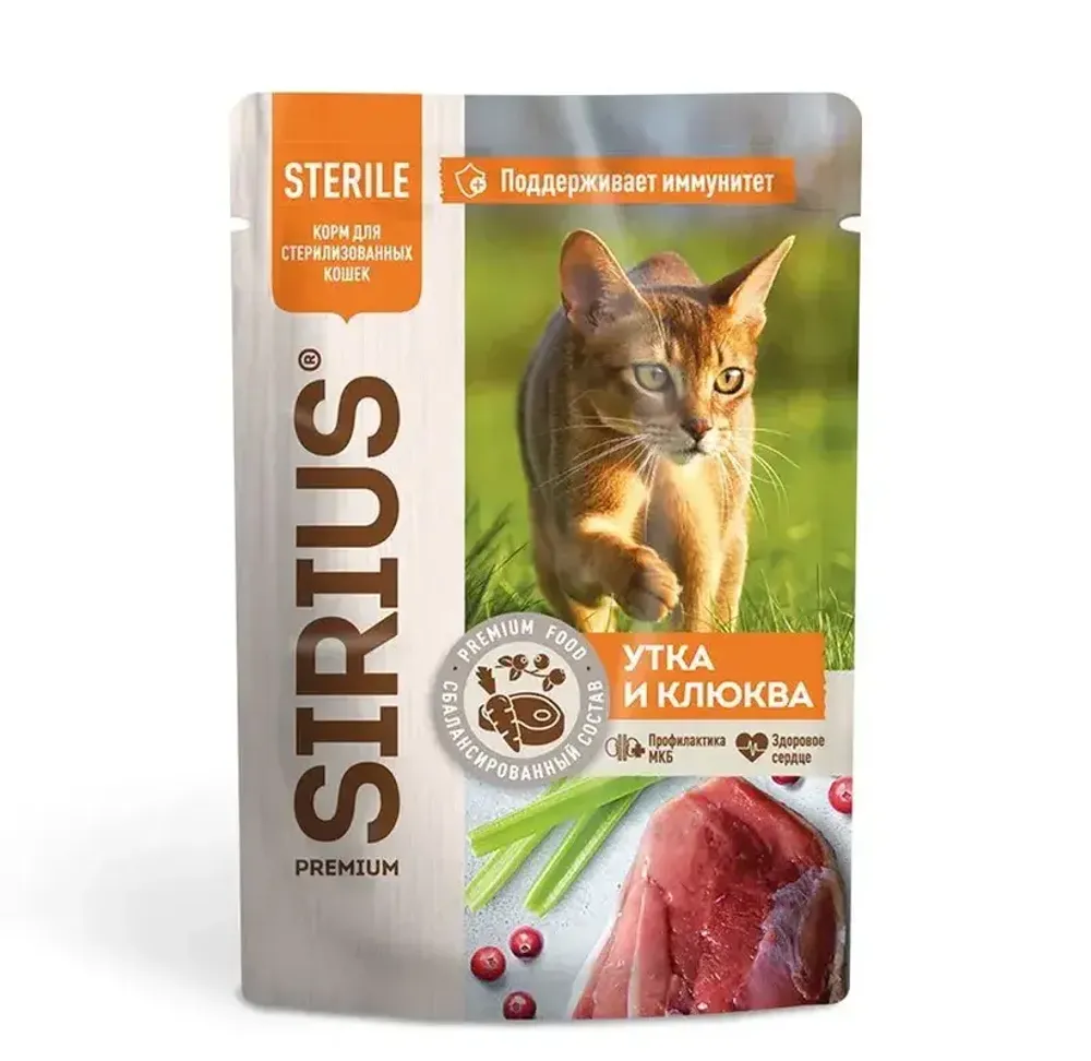 Консервы SIRIUS для кошек стерилизованных (кусочки в соусе), утка с клюквой - 85 гр