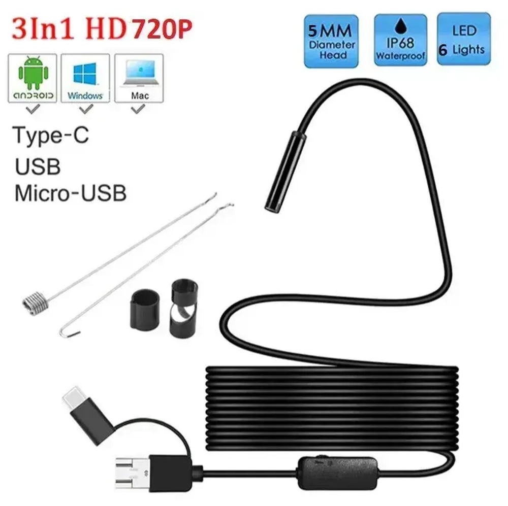 Эндоскоп для смартфона, жёсткий провод PC Android 2 м