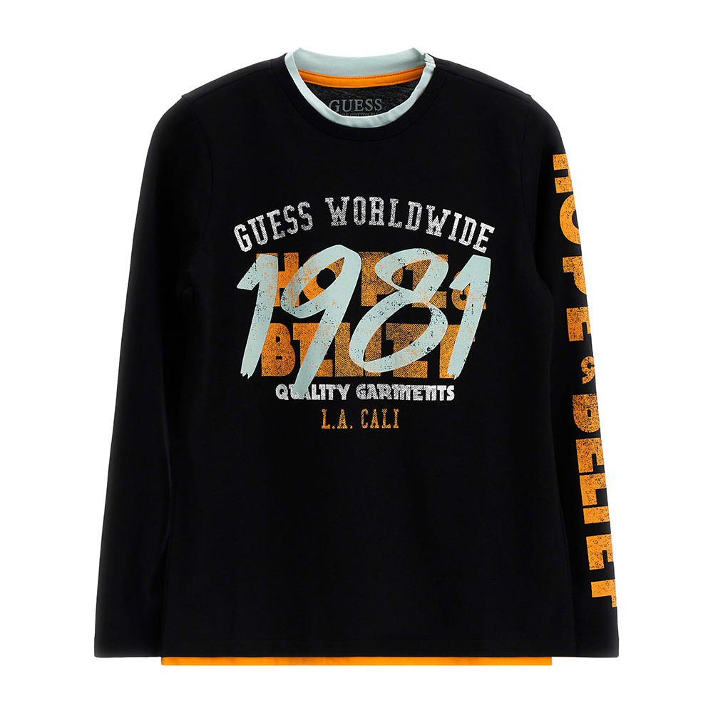 Футболка с длинным рукавом GUESS Черный/Термопринт: оранжевая и белая надписи, 1981 (Мальчик)