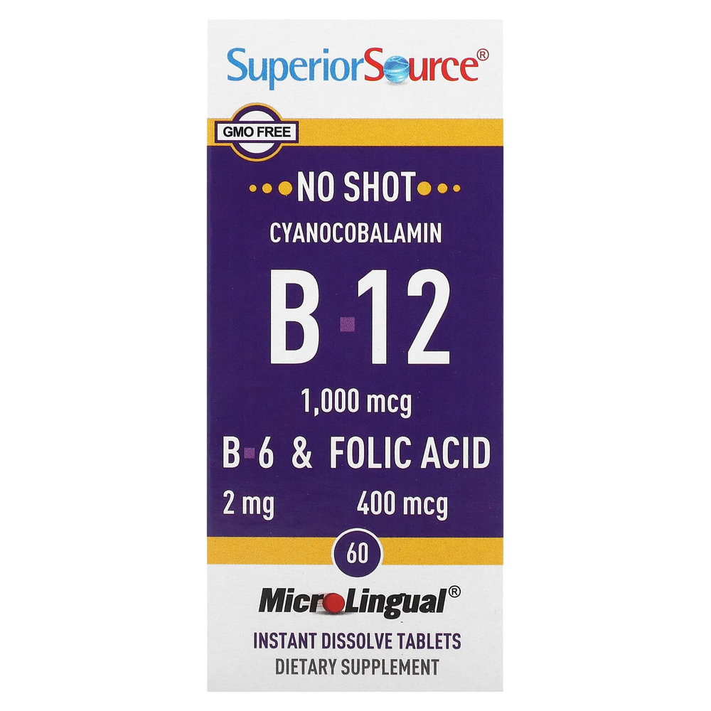 Superior Source, цианокобаламин, витамины B12, B6 и фолиевая кислота, 1000 мкг, 2 мг и 400 мкг, 60 быстрорастворимых таблеток MicroLingual