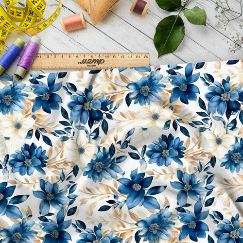 Ткань премиум атлас цветочные серо-голубые мотивы