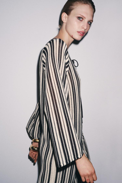 ZARA ТРИКОТАЖНОЕ ПЛАТЬЕ В ПОЛОСКУ С ЛЬНОМ, ЭКРЮ/ЧЕРНЫЙ