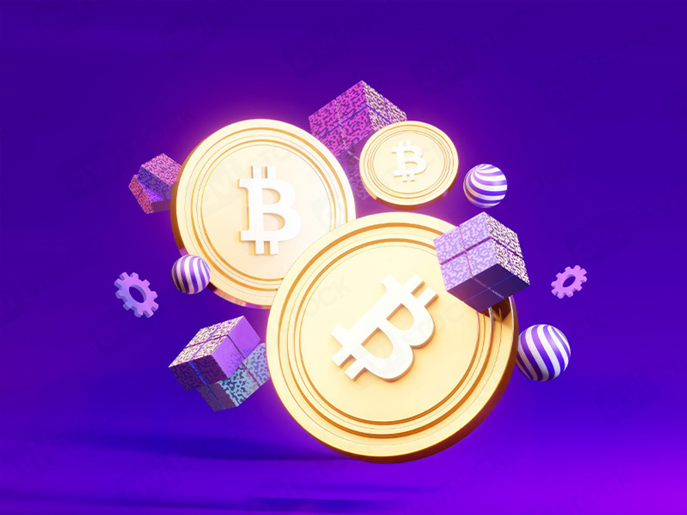 3D Золотые монеты Биткоина с абстрактными элементами