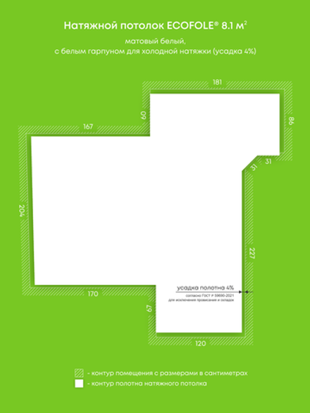 Матовый натяжной потолок 8.1 м2