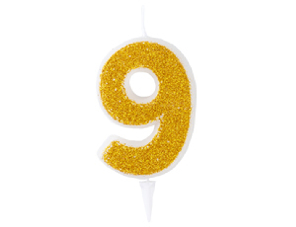 Свеча -цифра 9 Золотая Глиттер 6см