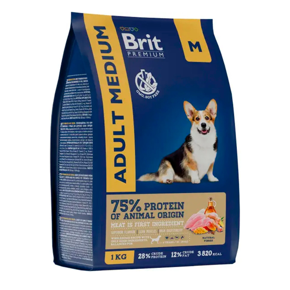 Сухой Корм Brit Premium Adult Medium с курицей 1кг,для собак средних пород (10-25 кг) 07.25