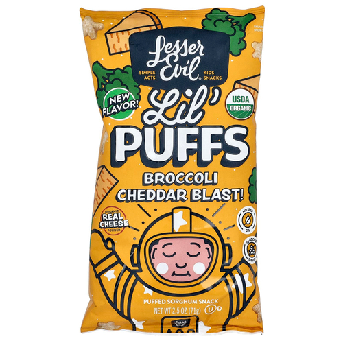 LesserEvil, Lil 'Puffs, брокколи и чеддер, 71 г (2,5 унции)