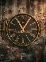 Настенные часы Oriental Express WOODandROOT на кирпичной стене, классический циферблат и индустриальная эстетика